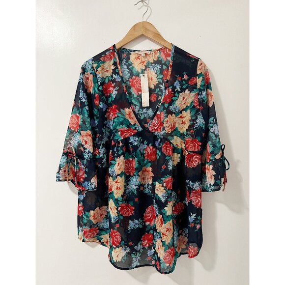 Claudia Richard Tops - Claudia Richard Navy Floral Lightweight Sheer Oversized Blouse Size Medium